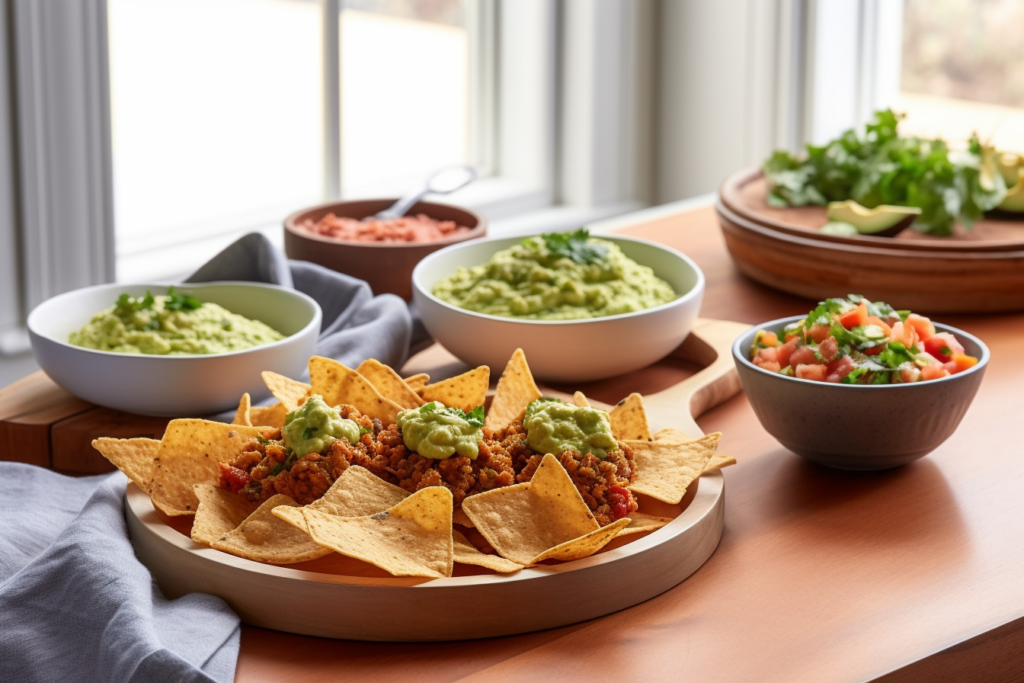 Nachos de lentejas con guacamole y hummus