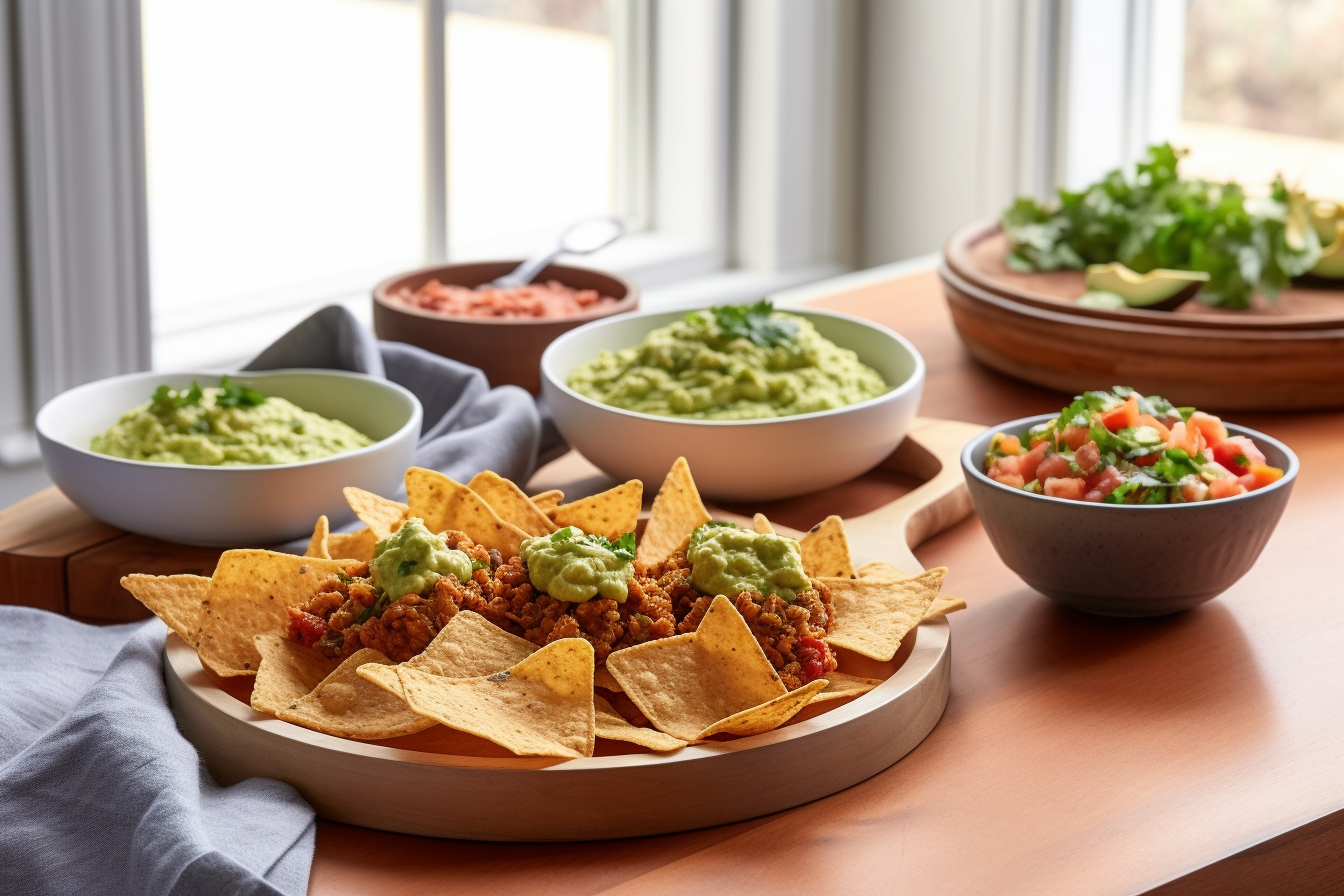 Nachos de lentejas con guacamole y hummus